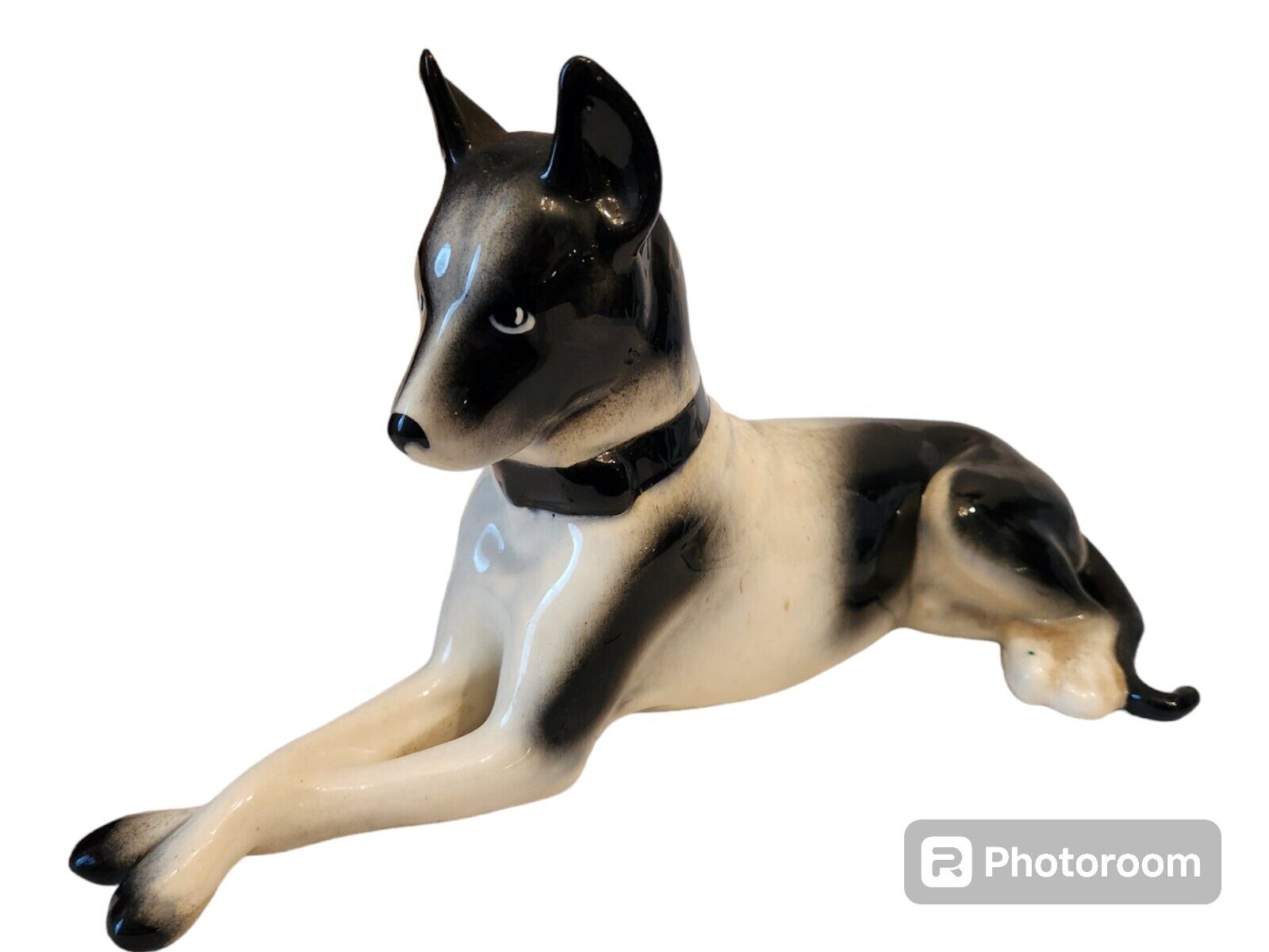Vintage Great Dane Porcelain Figurine White and Black Dog 10” Long