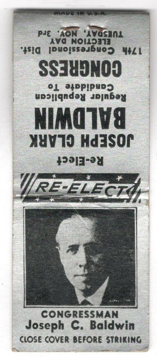 Re-Elect Congressman Baldwin 17th District New York Vintage Matchbook Cover B61