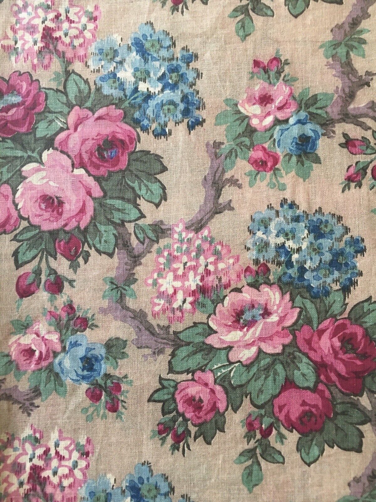 2X Antique 1920s Cottage Roses Tree Of Life Floral Cotton Fabric ~Deep Pink Blue