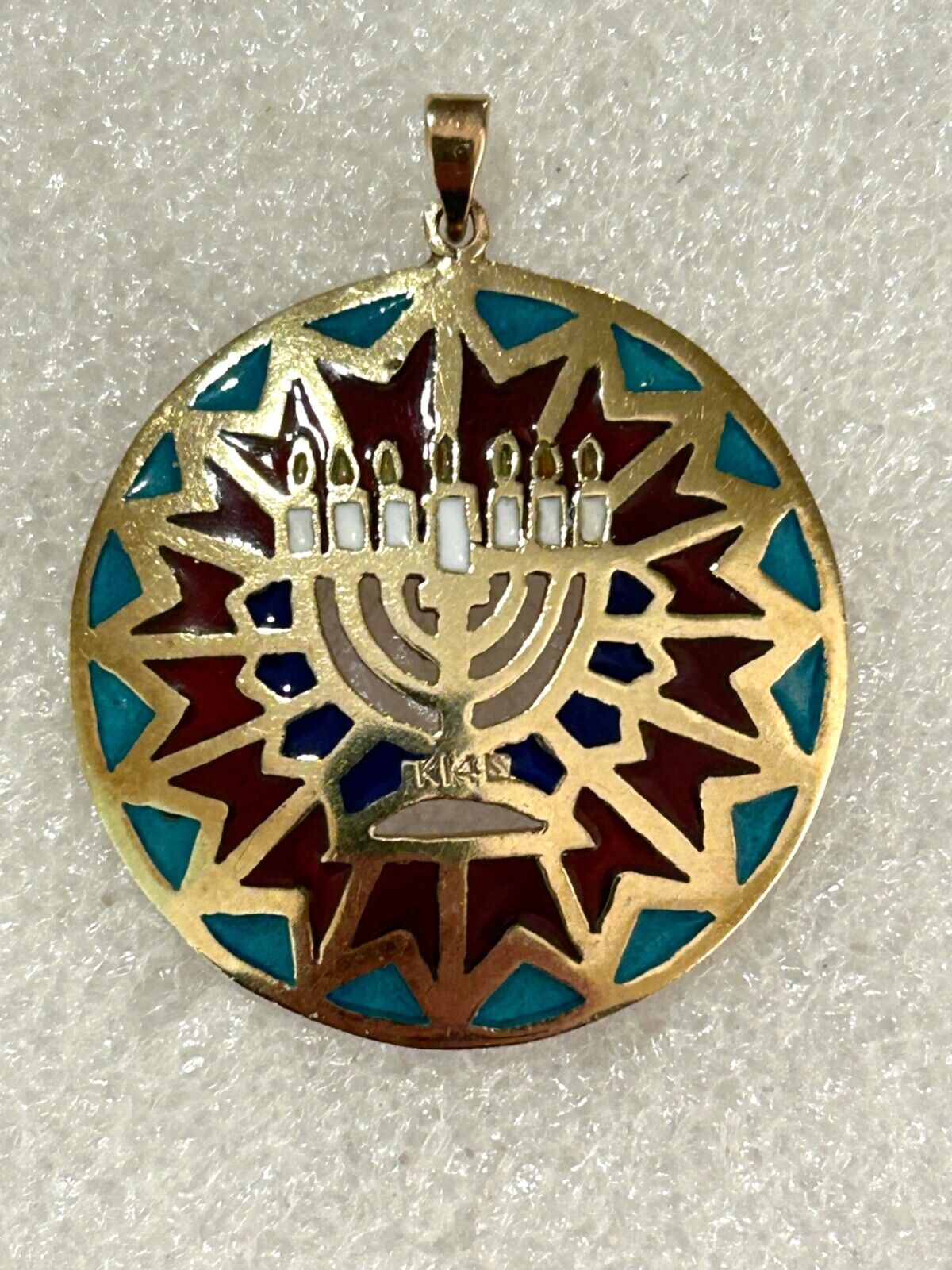 Vintage Judaica  14k Gold  Plique-a-Jour Enamel Menorah Pendant