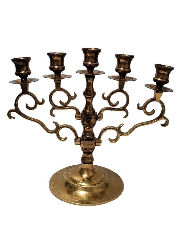 Vtg Heavy Brass 5 Arm Candelabra Candle Holder  approx 11” Tall & weighs8.4 lbs
