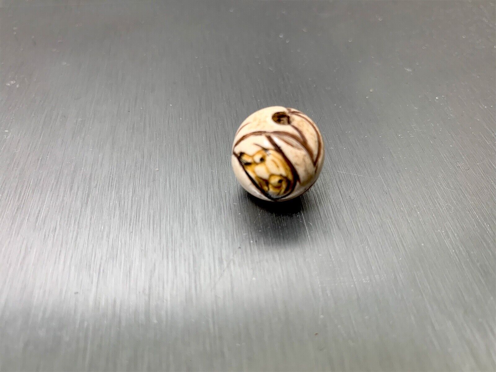 Vintage Antique Japanese Wooden Ojime Bead Cream and Brown Color