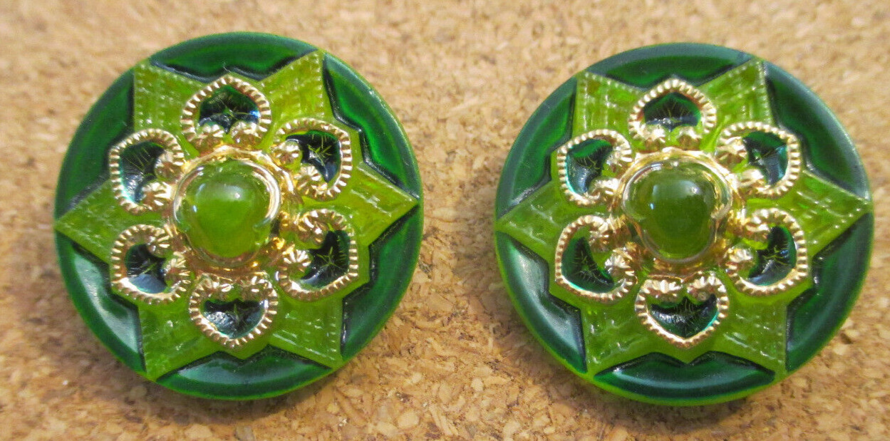 2-Czech Glass Green Center Stone-Gold Hearts-Star Shaped Green Buttons - 21.38mm