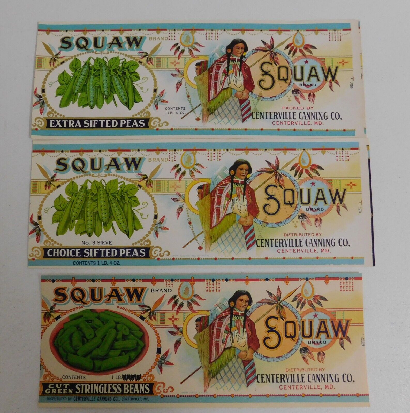 3  Different  Vintage  Squaw Brand   can Labels..Centerville, Maryland