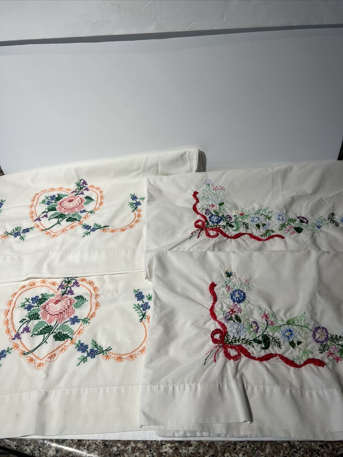 Vintage Embroidered Pillow Case 2 Sets Floral Hand Stitched 