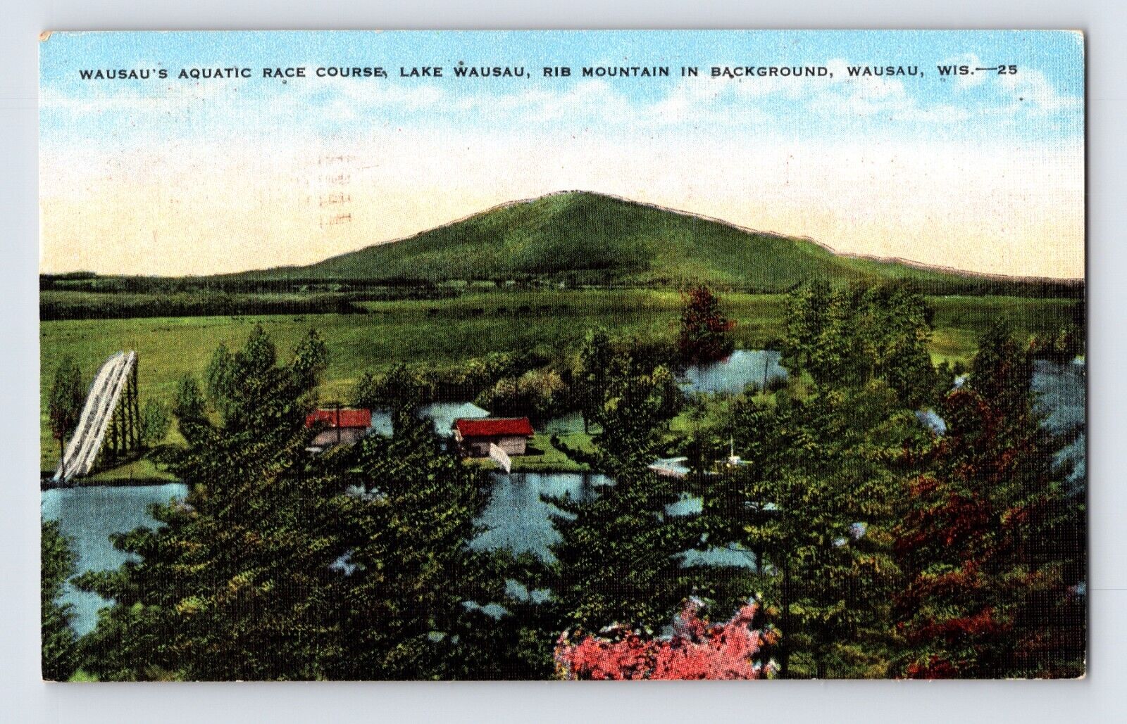 Postcard Wisconsin Wausau WI Aquatic Race Course Lake Rib Mountain 1940s Linen