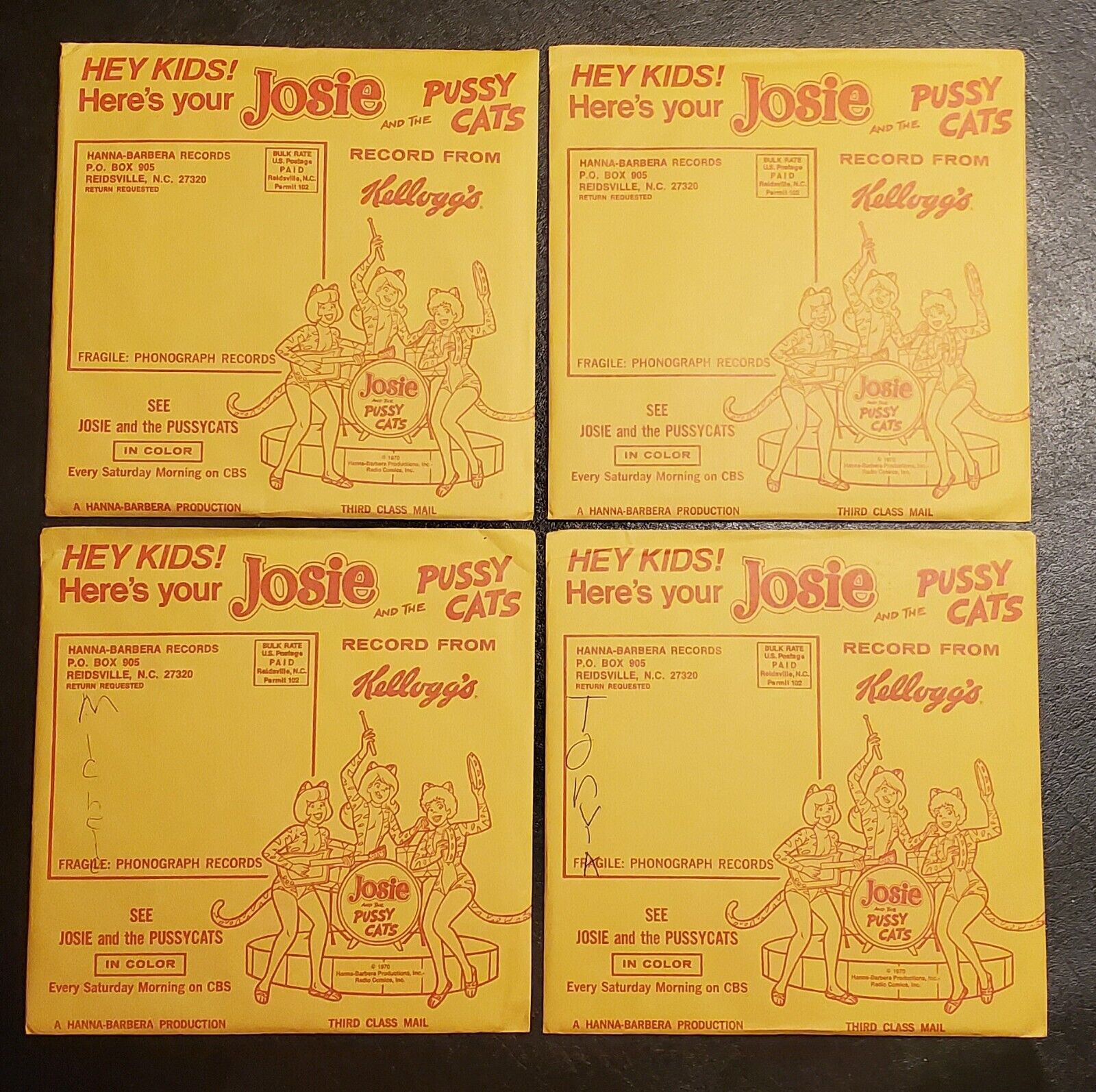 4 VINTAGE JOSIE AND THE PUSSYCATS KELLOGG'S 45RPM RECORDS 1970