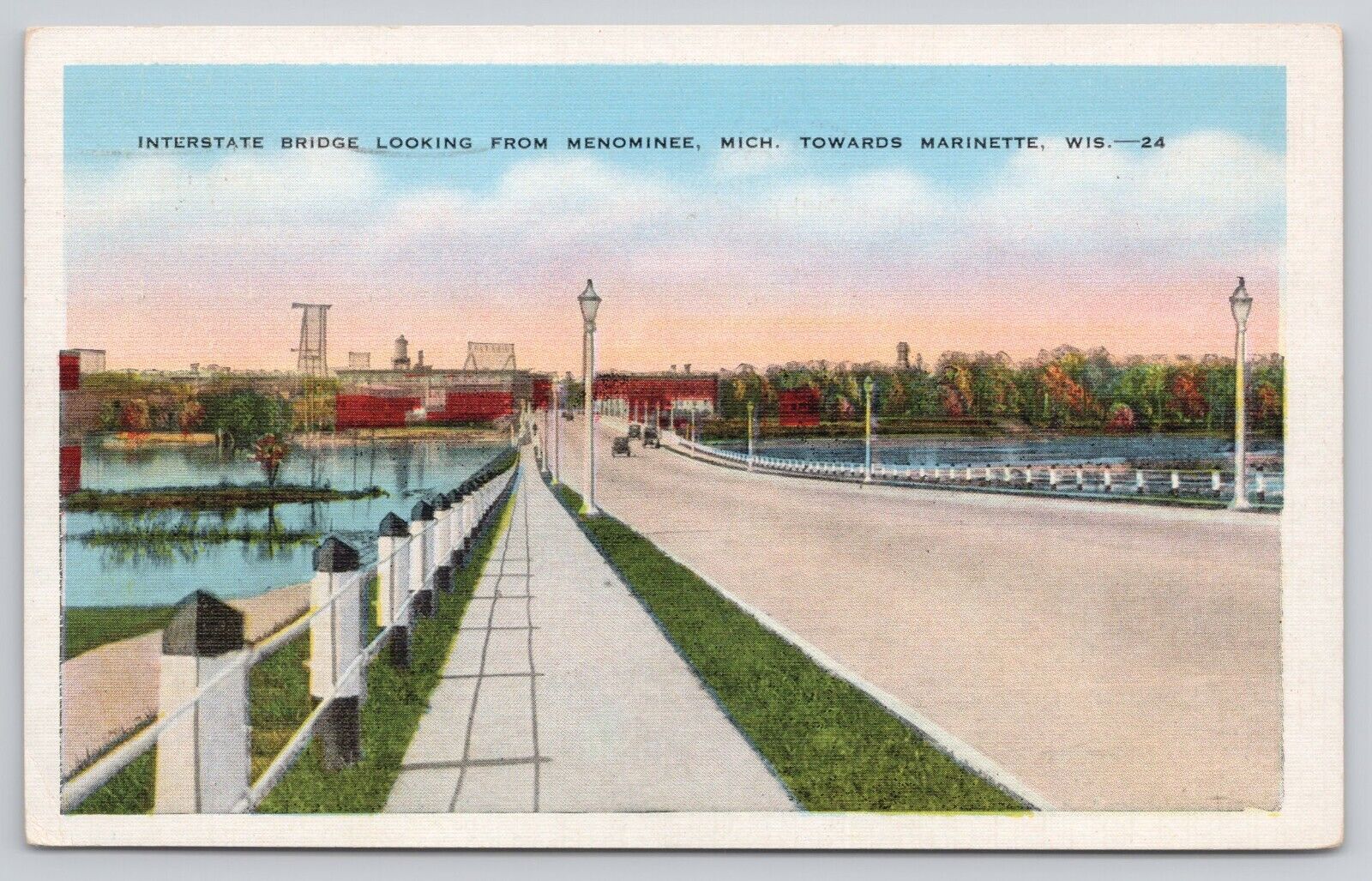 Marinette Wisconsin WI Interstate Bridge from Menominee Michigan 1944 Postcard