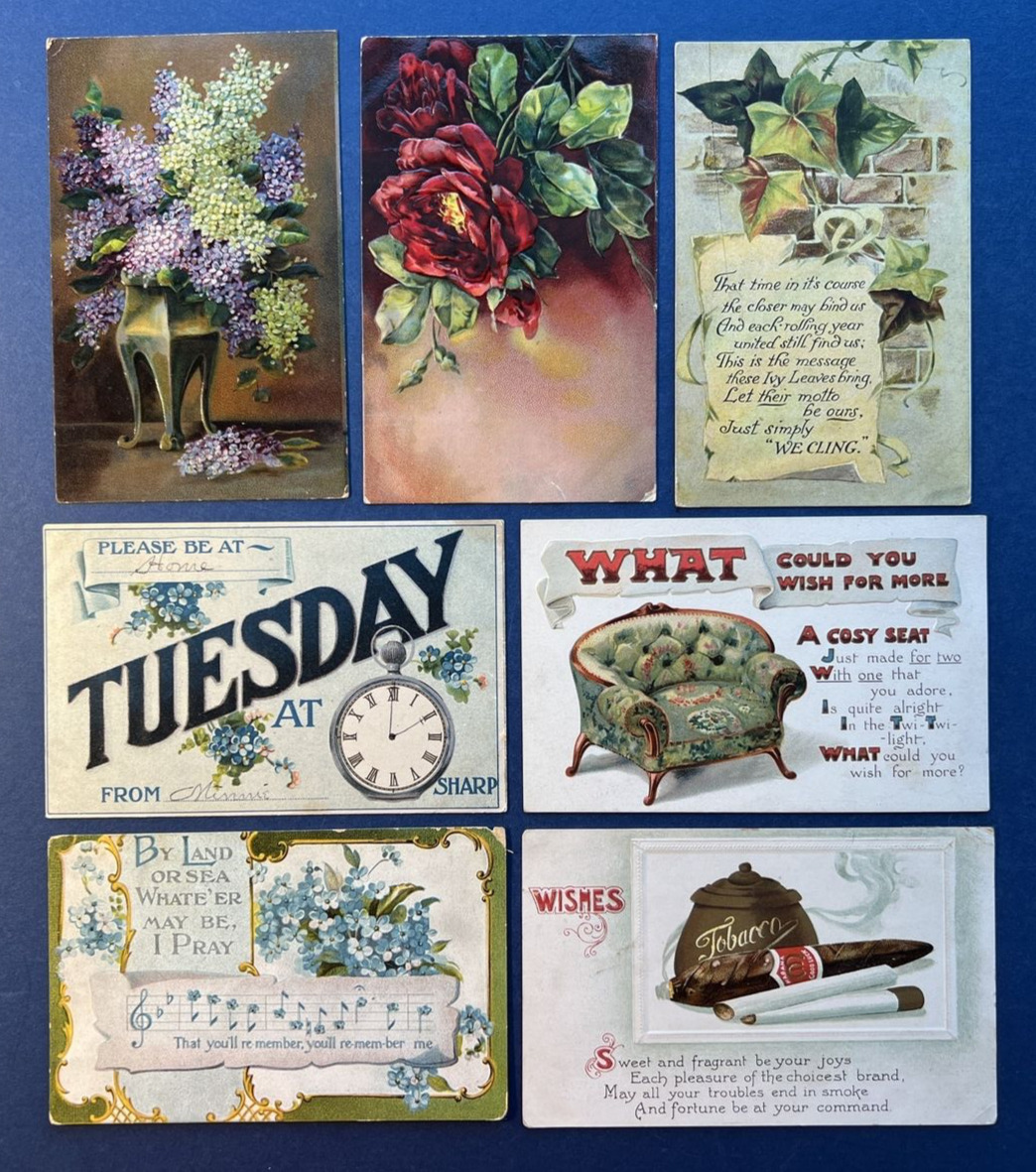 Mixture 7 Greetings Antique Postcards.EMB, Gold, Silver. Flowers,Clock.PUBL:B.B.