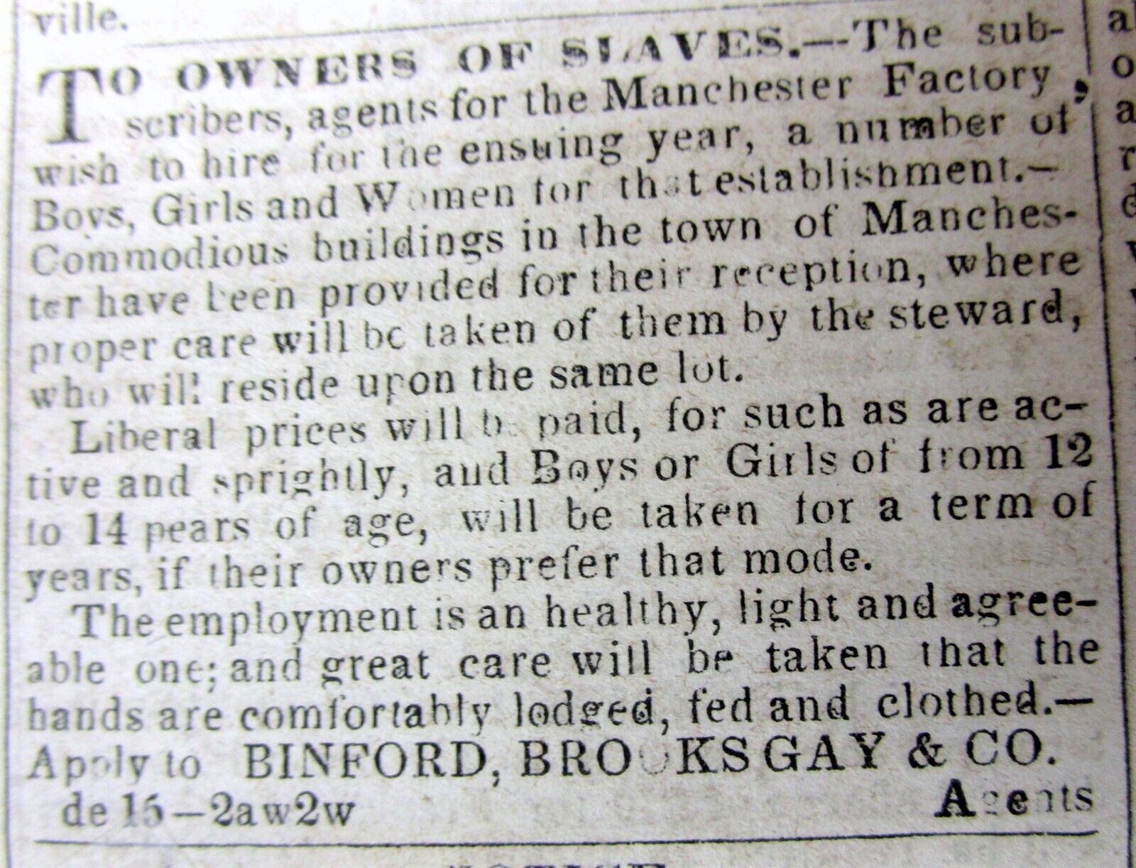 1835 Richmond VIRGINIA newspaper w AD :  13 year old NEGR0 SLAVES WANTED to BUY