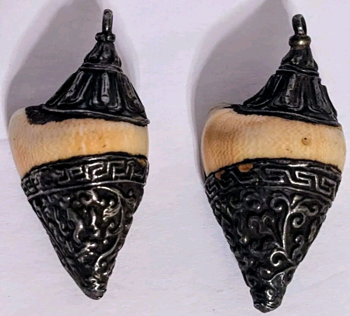 TWO Very Old Tibetan Temple Silver Dipped Conch Shell Pendants Hand Carved