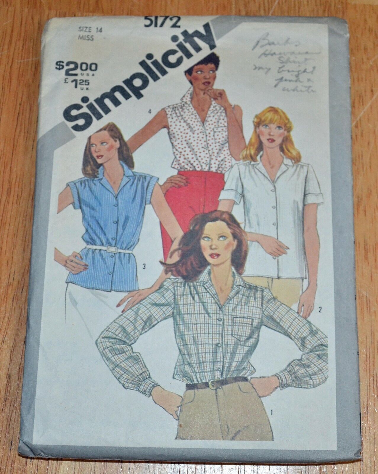 Vintage 1981 Simplicity Misses\' Shirts Blouses Sewing Pattern #5172 Size 14 