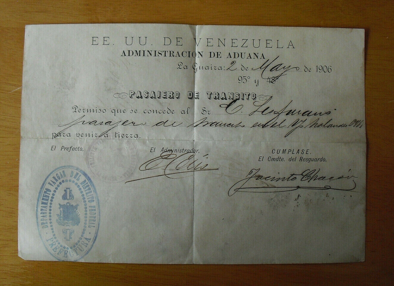 Unique Vintage 1906 Venezuela Original Document Certificate