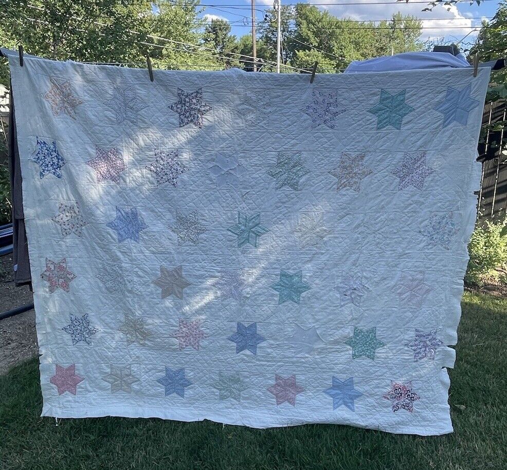 Antique Patchwork Star Pattern Cutter/Repair Quilt Feed Sack Hand Stitched