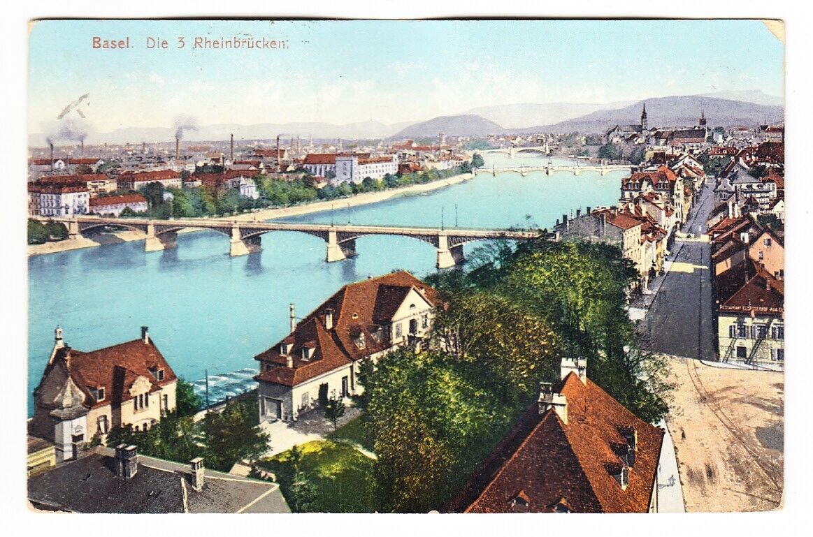 Basel Switzerand Postcard, The 3 Rhine Bridges, Posted 1907