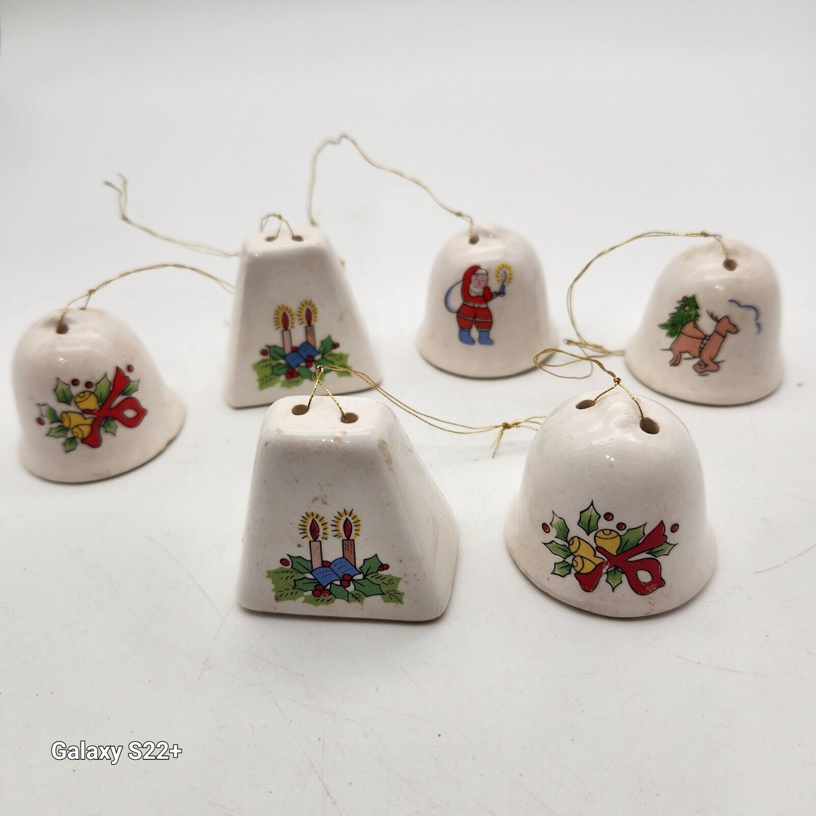 Vintage Christmas Bells Ornaments Ceramic Set of 61.5