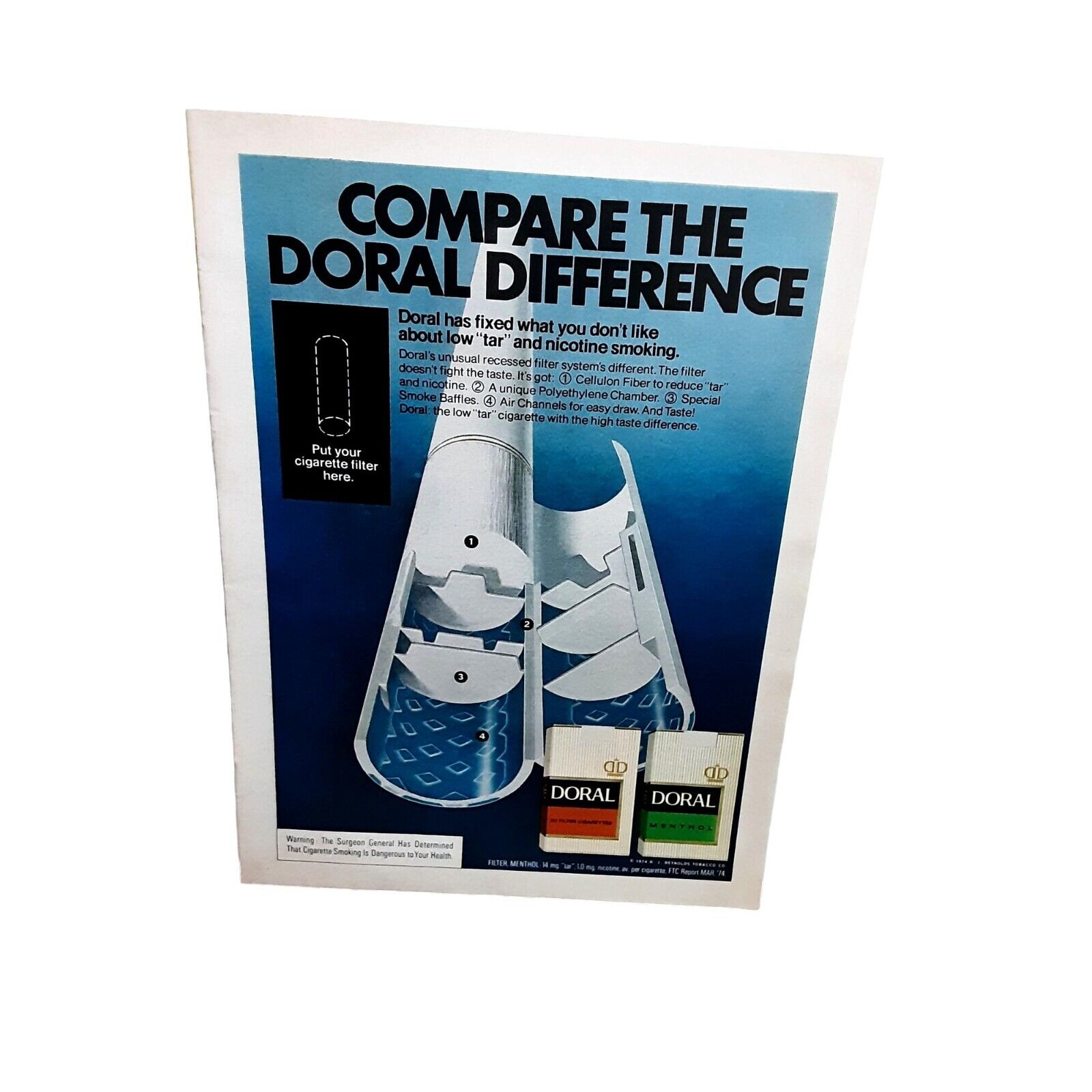1974 Doral Cigarettes Compare The Difference Original Print ad 70s