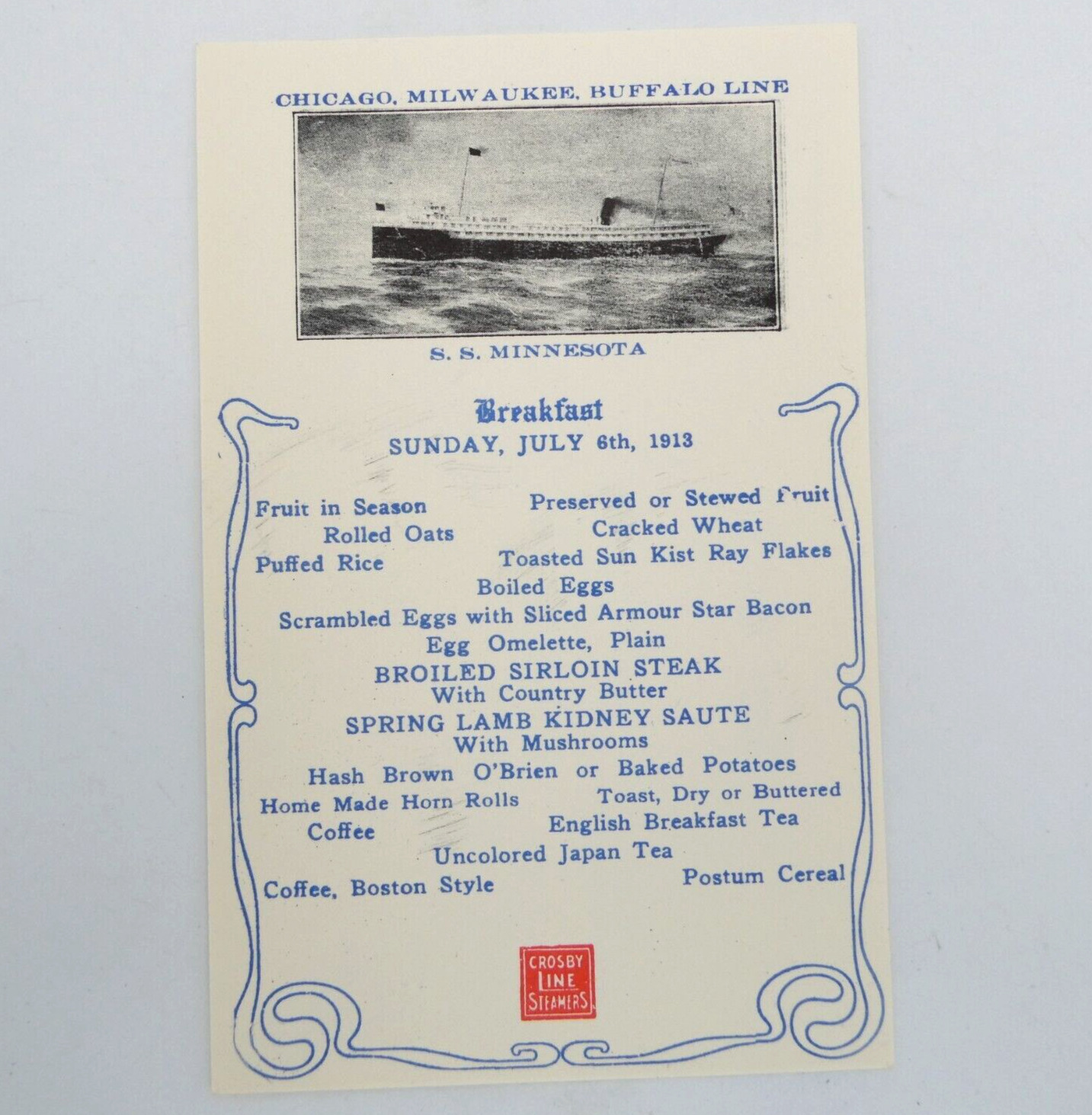 SS Minnesota Crosby Line Steamers Chicago-Milwalkee-Buffalo Menu PC 1913 Unsent