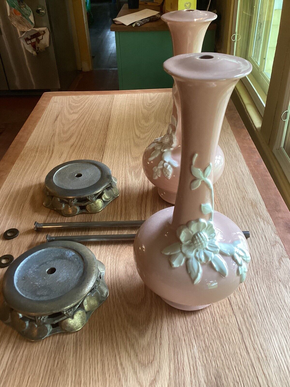 Pair Of Vintage Pink White Flowered Ceramic Lamps With Metal Heart Bases