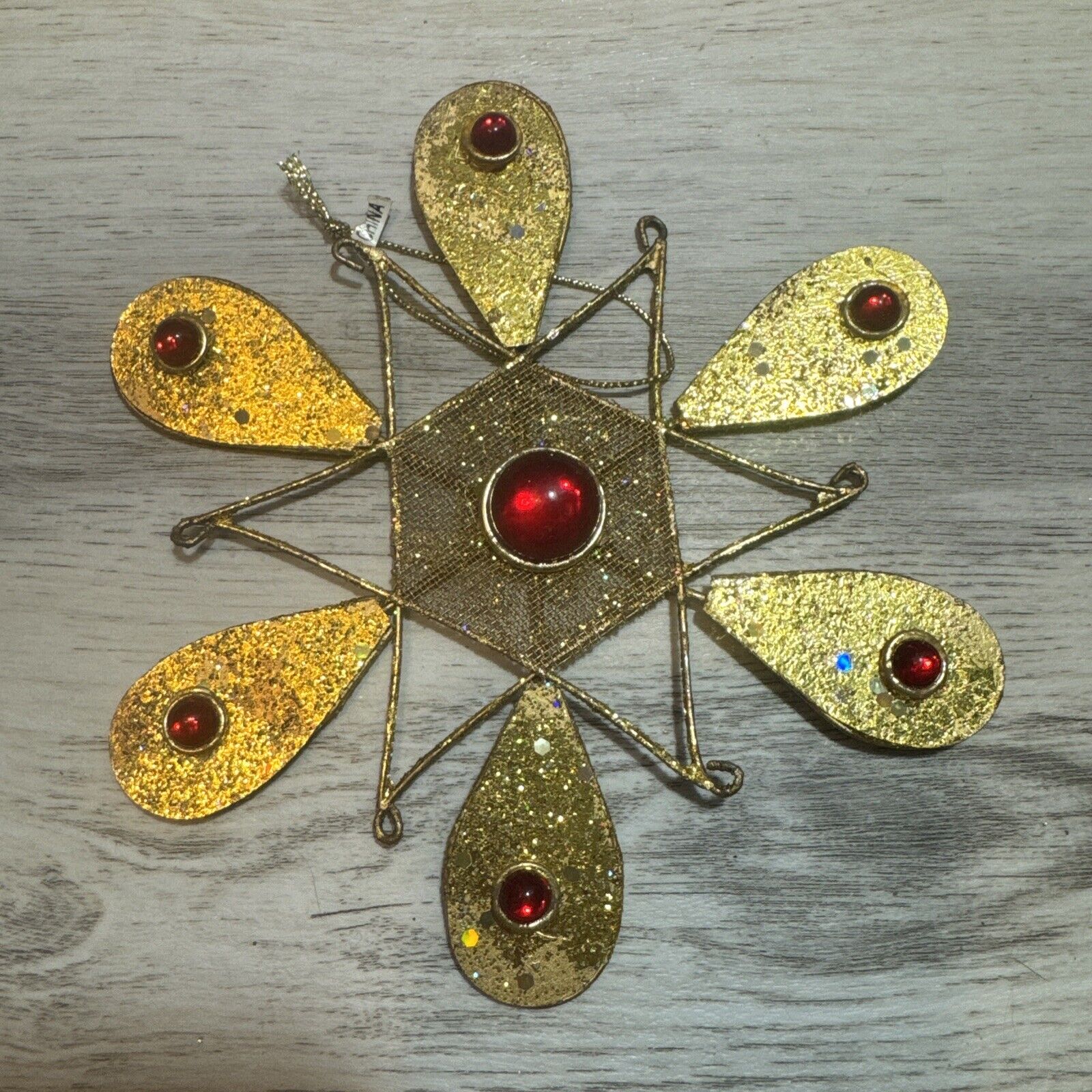 Large Jeweled SNOWFLAKE CHRISTMAS ORNAMENT RED Gold Wire 6”