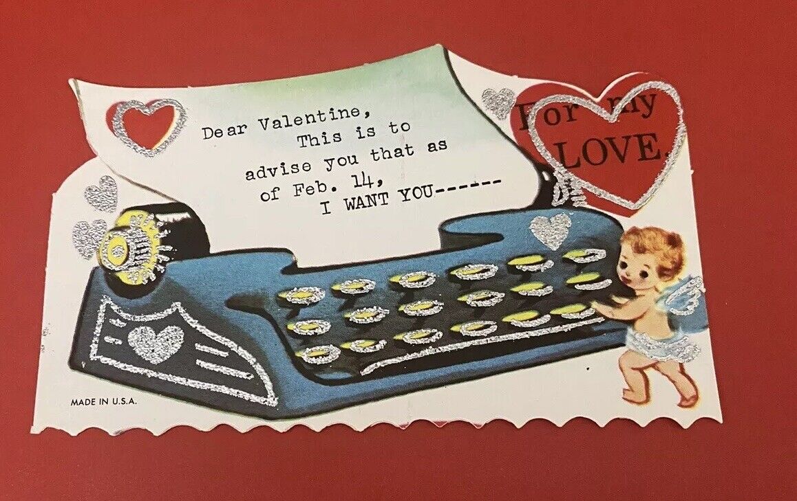VTG Glittered Valentine Cupid Typing Letter On Typewriter Heart Love