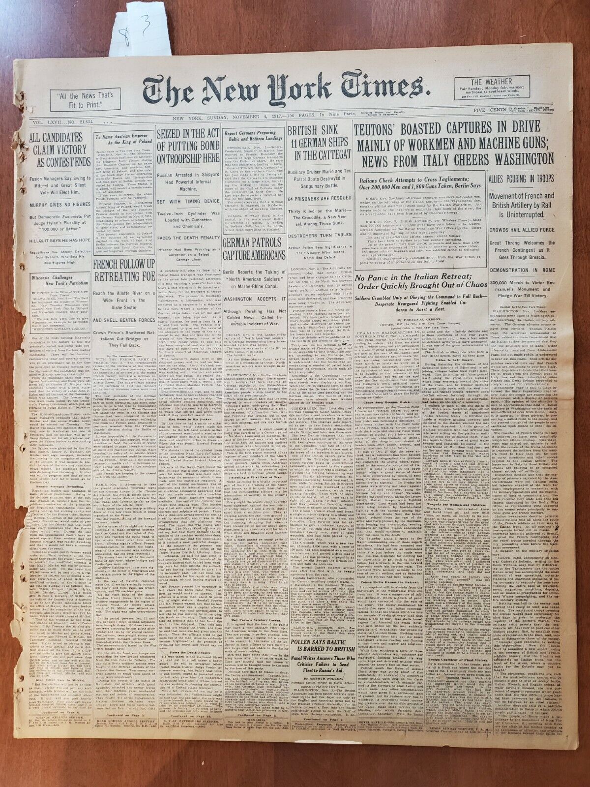 1917 NOVEMBER 4 NEW YORK TIMES - NEWS FROM ITALY CHEERS WASHINGTON - NT 8060