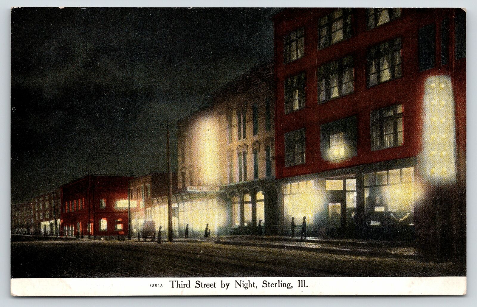 Sterling Illinois~Third Street Night Lights~Wallace Lodge Rooming House~c1908