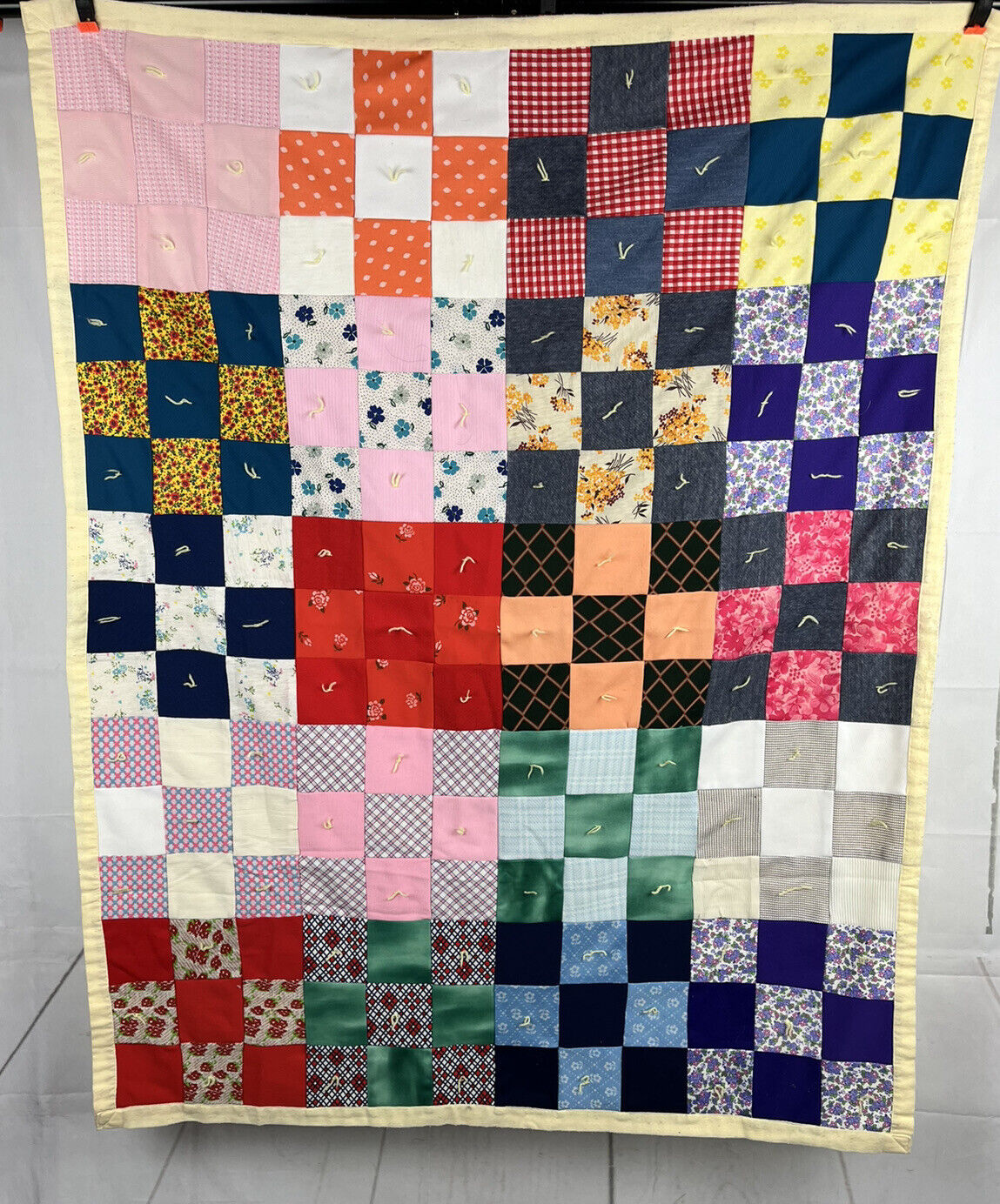 Vtg. Handmade Quilt Retro Fabric Colorful 50\