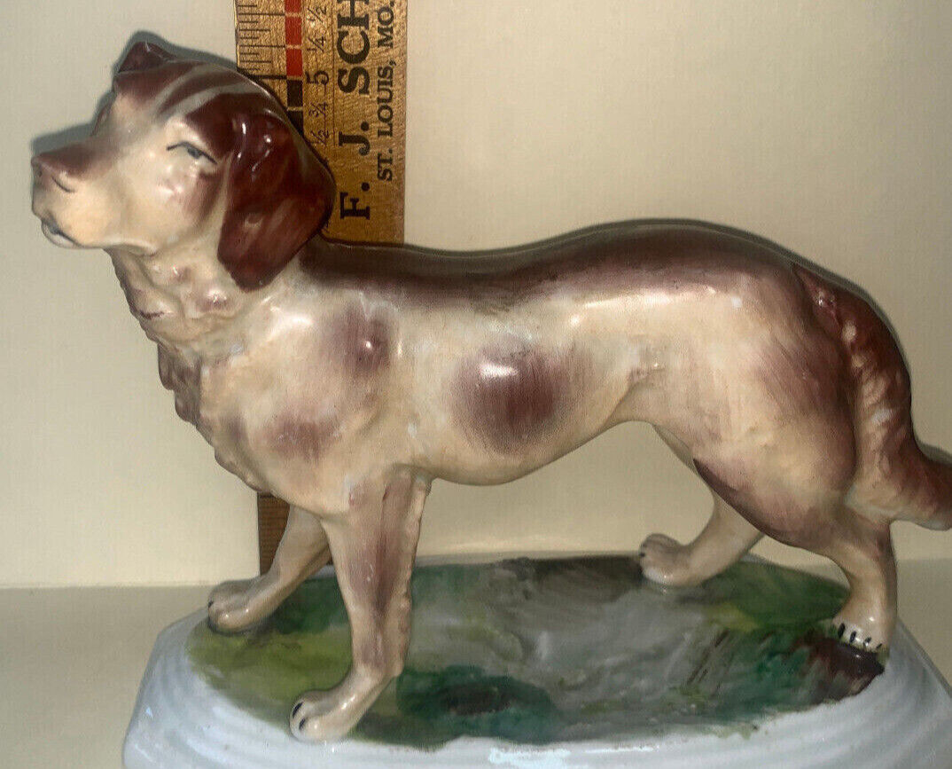 Vint Ceramic/Porcelain Dog on Platform-Hand Painted-6 1/2 Inch W @ Base-5 1/2 T