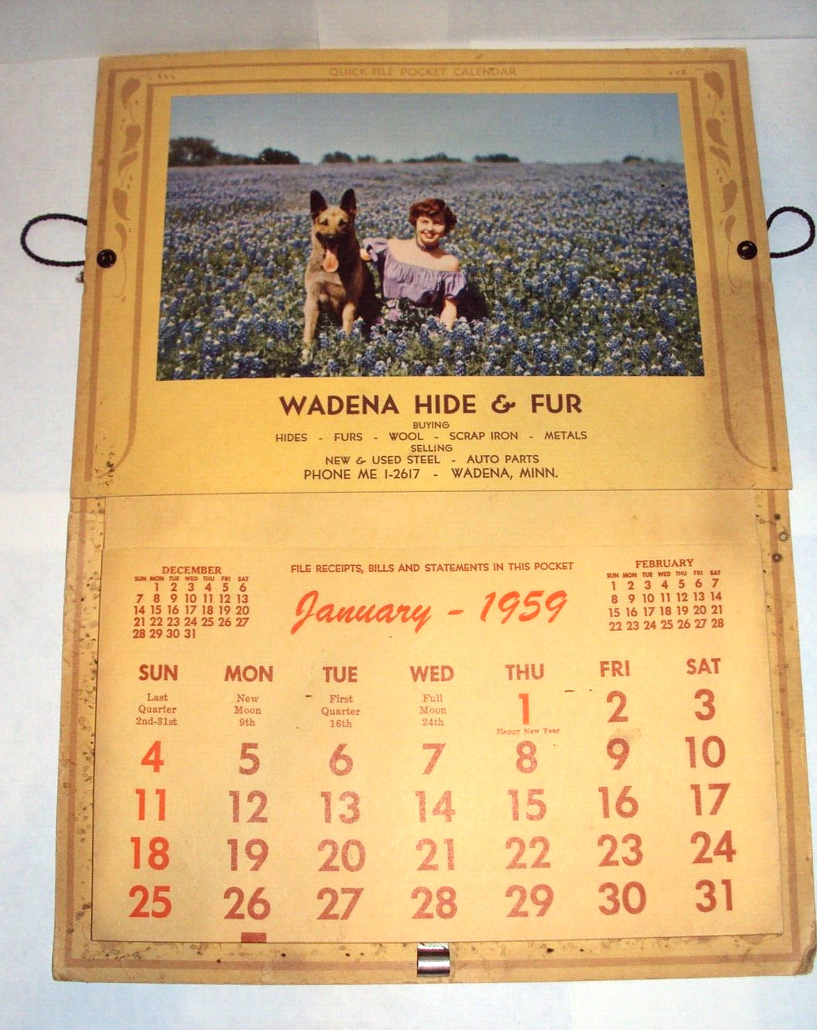 Vintage Calendar Advertising Wadena MN Hide & Fur Scrap Iron 1959 Woman Dog