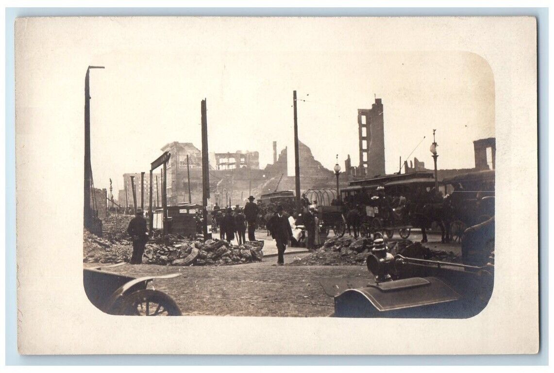 c1910's Disaster Area Ruins Horse Trolley Crowd RPPC Photo Unposted Postcard