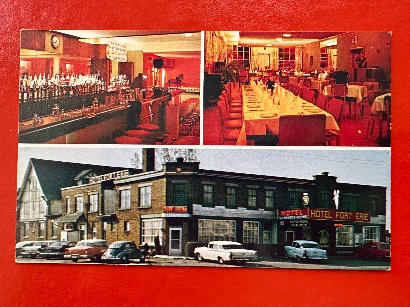 Vintage  UNUSED Postcard~ONTARIO CANADA~HOTEL FORT ERIE ~Classic Cars~ TURF ROOM