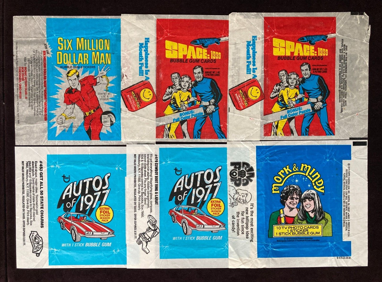 1970s Topps Donruss lot of 6 wrappers: Autos of 1977, Space 1999, Mork & Mindy