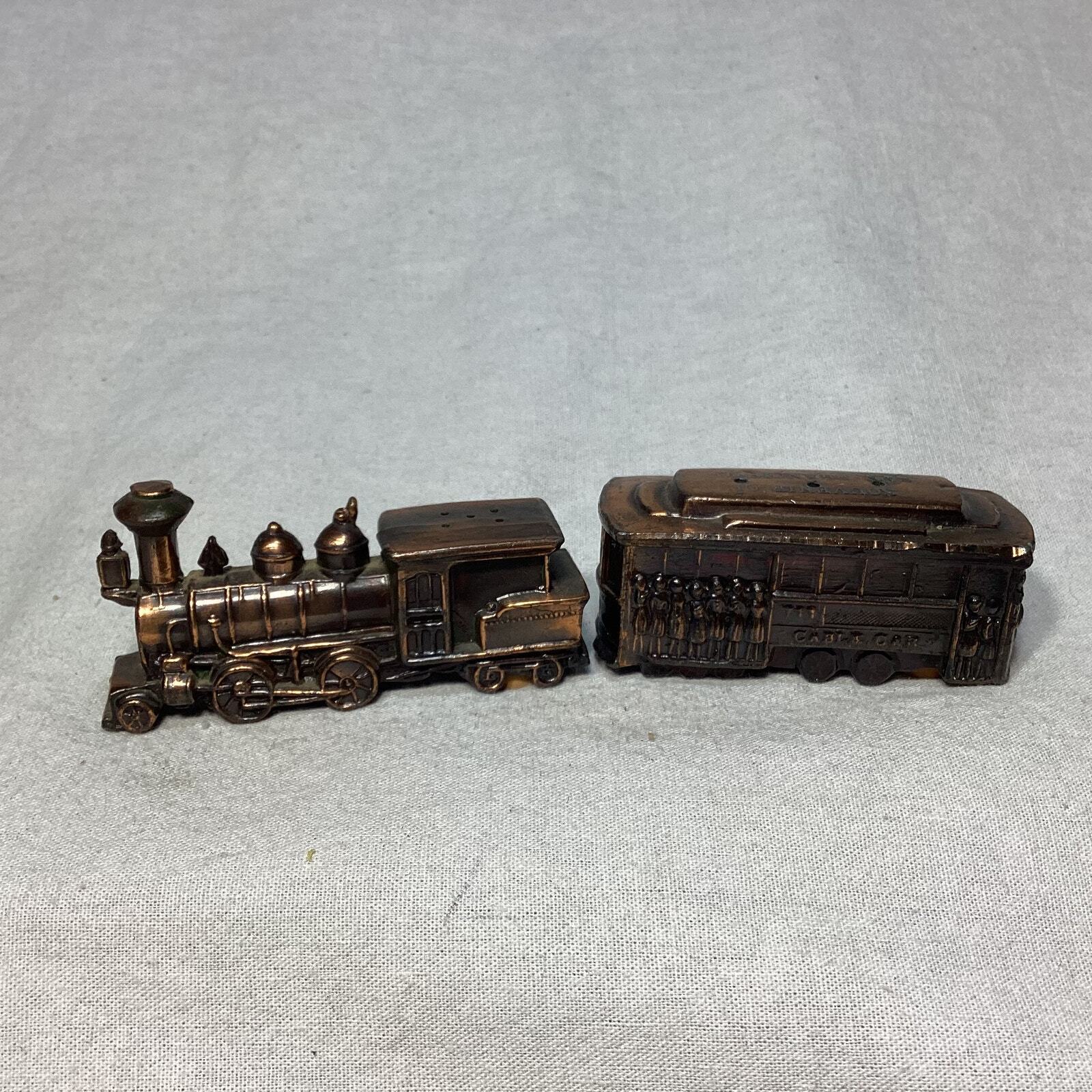 Vintage Metal Train Locomotive and Cable Car Salt and Pepper Shakers