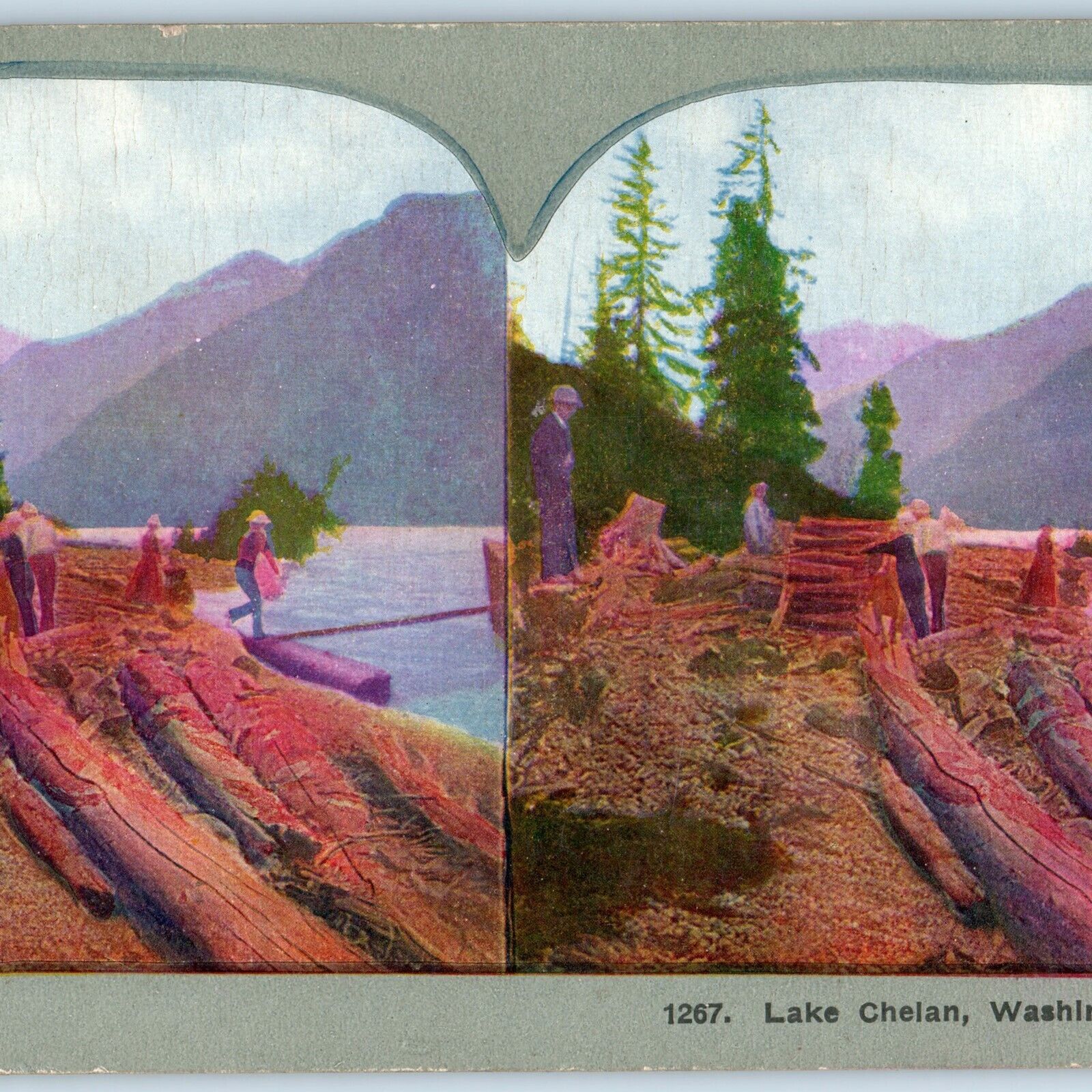 c1900s Lake Chelan WA Litho Photo Stereo Card Big Bend Country Columbia River V8