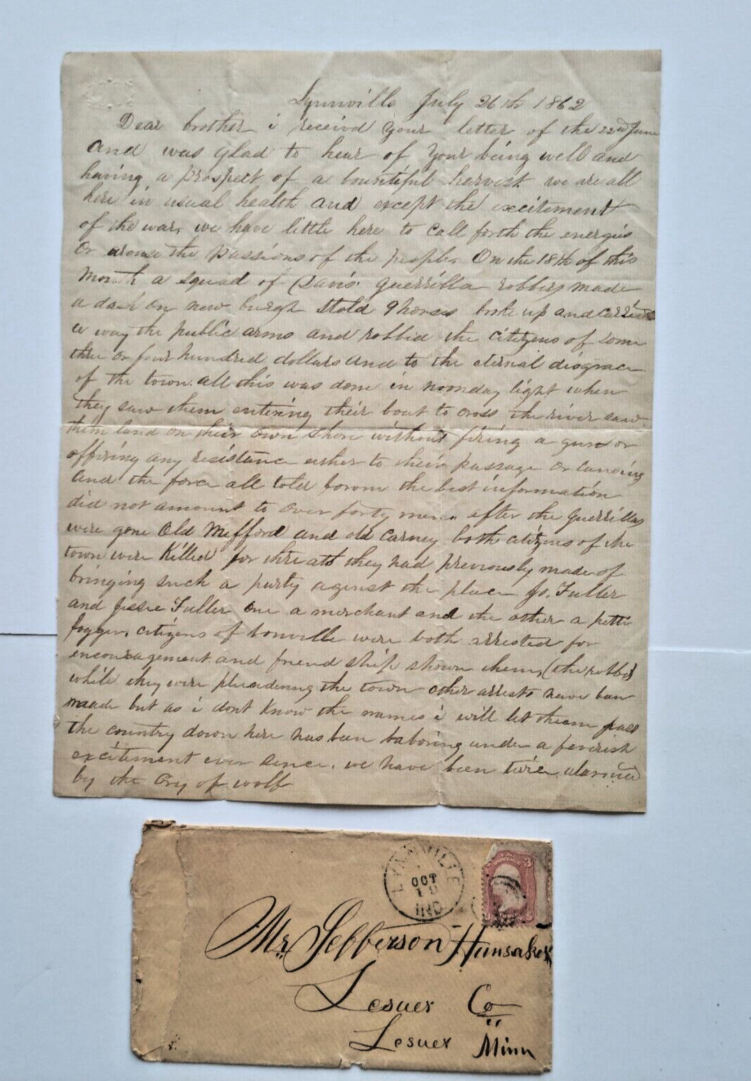 1862 Raid On Newburgh, Civil War, Contemporary Account, Letter & Envelope