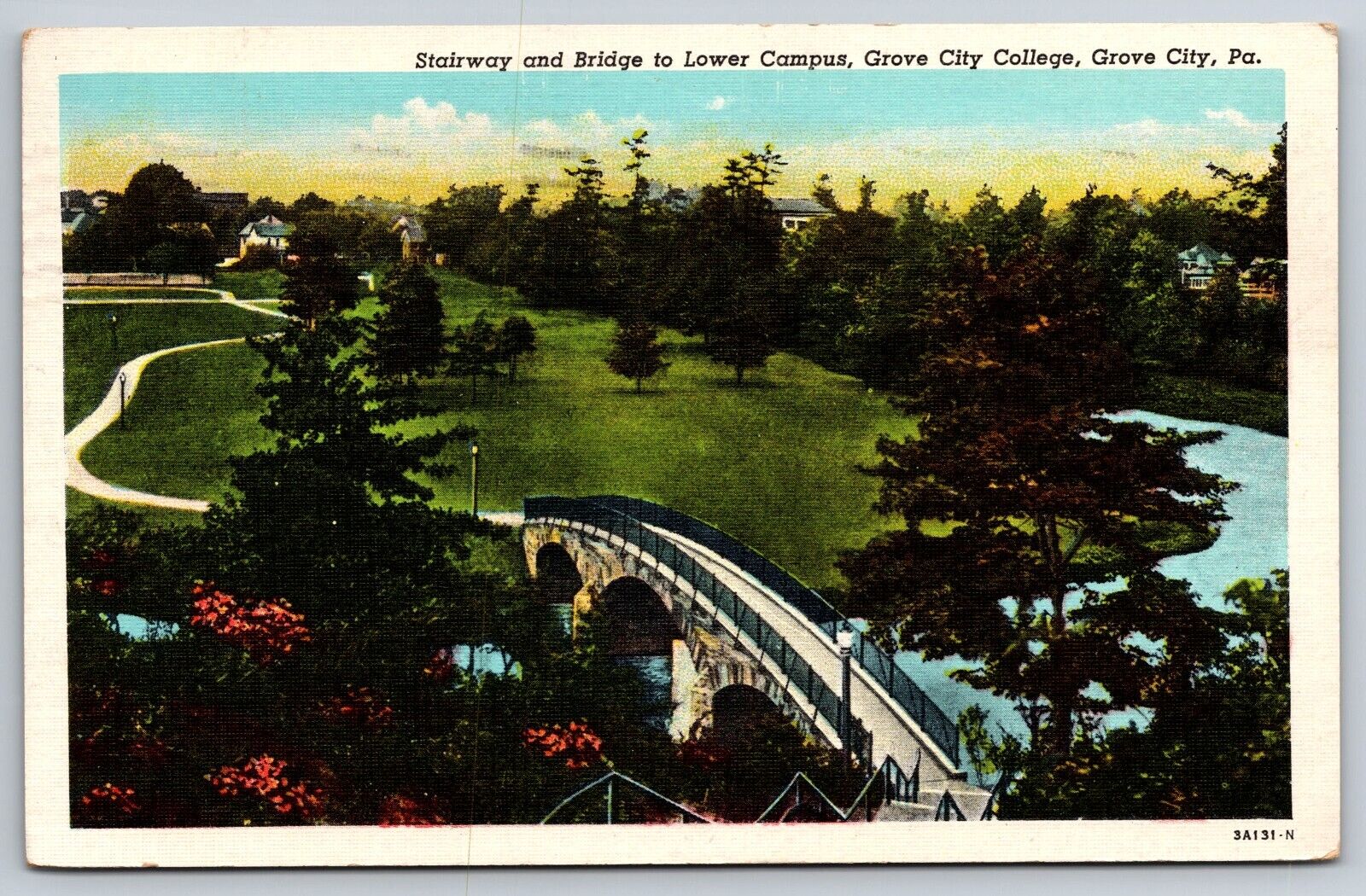 Postcard - Grove City PA Stairway and Bridge to Lower Campus,Grove City College