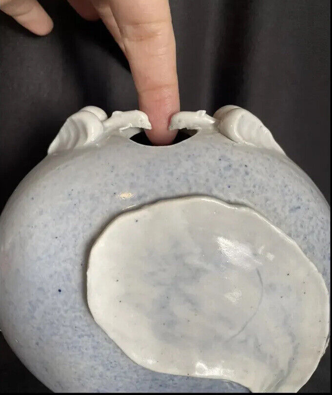 RARE -Two Mini Dolphins Drip Glaze Pottery Circular Vase Signed Amir