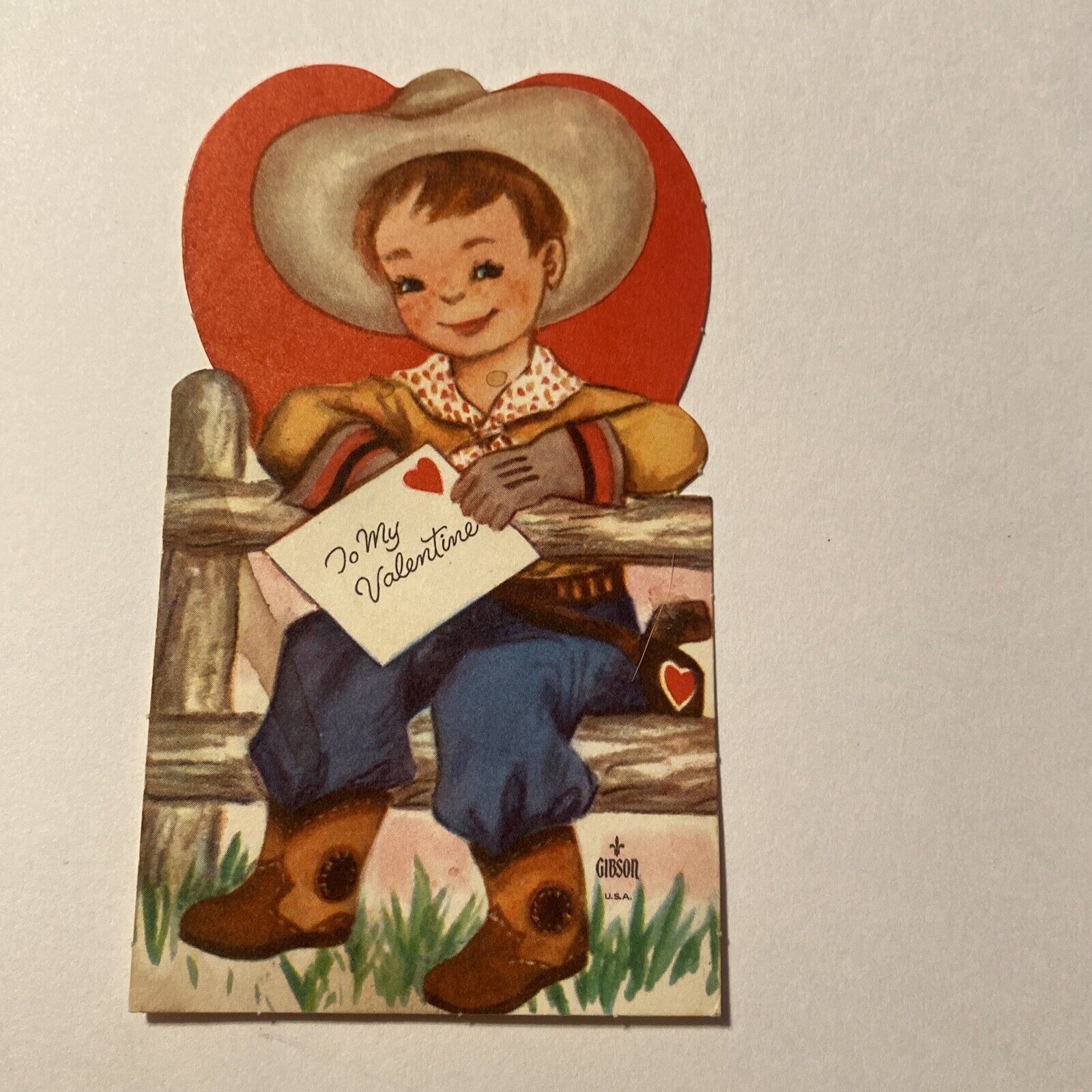Vintage Valentines Day Card Boy Cowboy On Fence With Love Letter Gibson USA