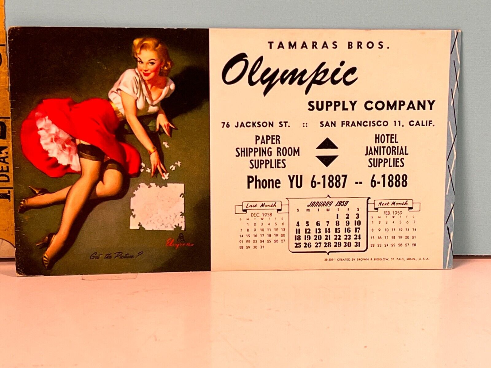 1959 Gil Elvgren Pinup Ink Blotter Olympic Supply Co San Francisco, Ca