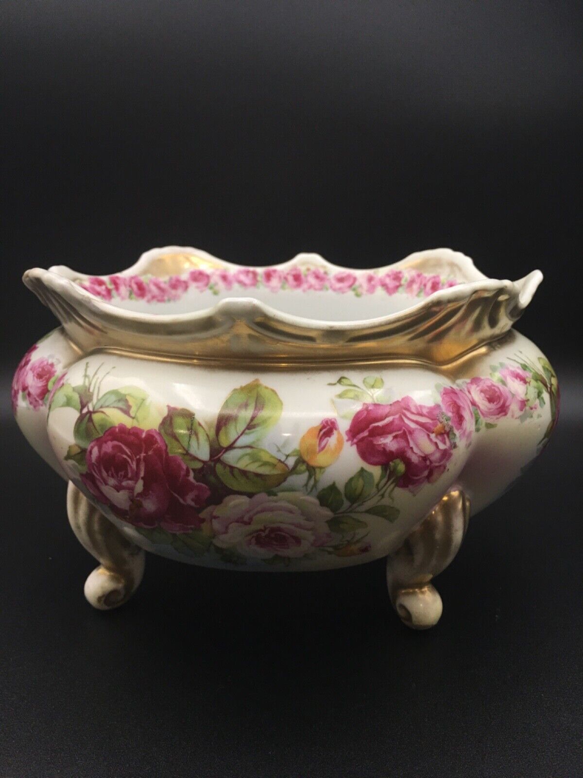 Antique Royal Vienna  Hand Painted Roses  Footed  Vase Jardiniere Cachepot Bowl