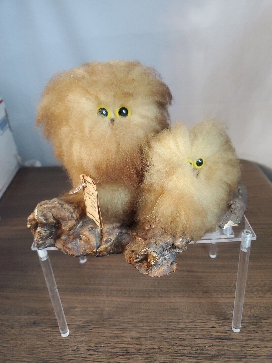 Vintage 70s Wooly Whooos Owls Figure Critters Googly Eyes on Burl Wood Two Owl