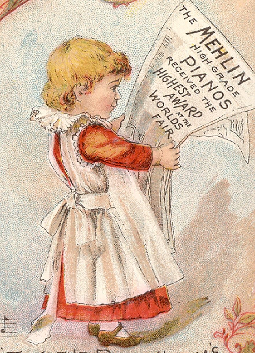 1880\'s AUBURN NY TRADE CARD, MEHLIN PIANOS, CUTE LITTLE GIRL W/ NEWSPAPER  C467