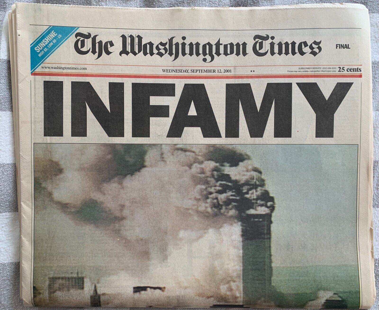 The Washington Times 9/12 dated issue \'INFAMY\' 9/11 Newspaper w/protected Sleeve