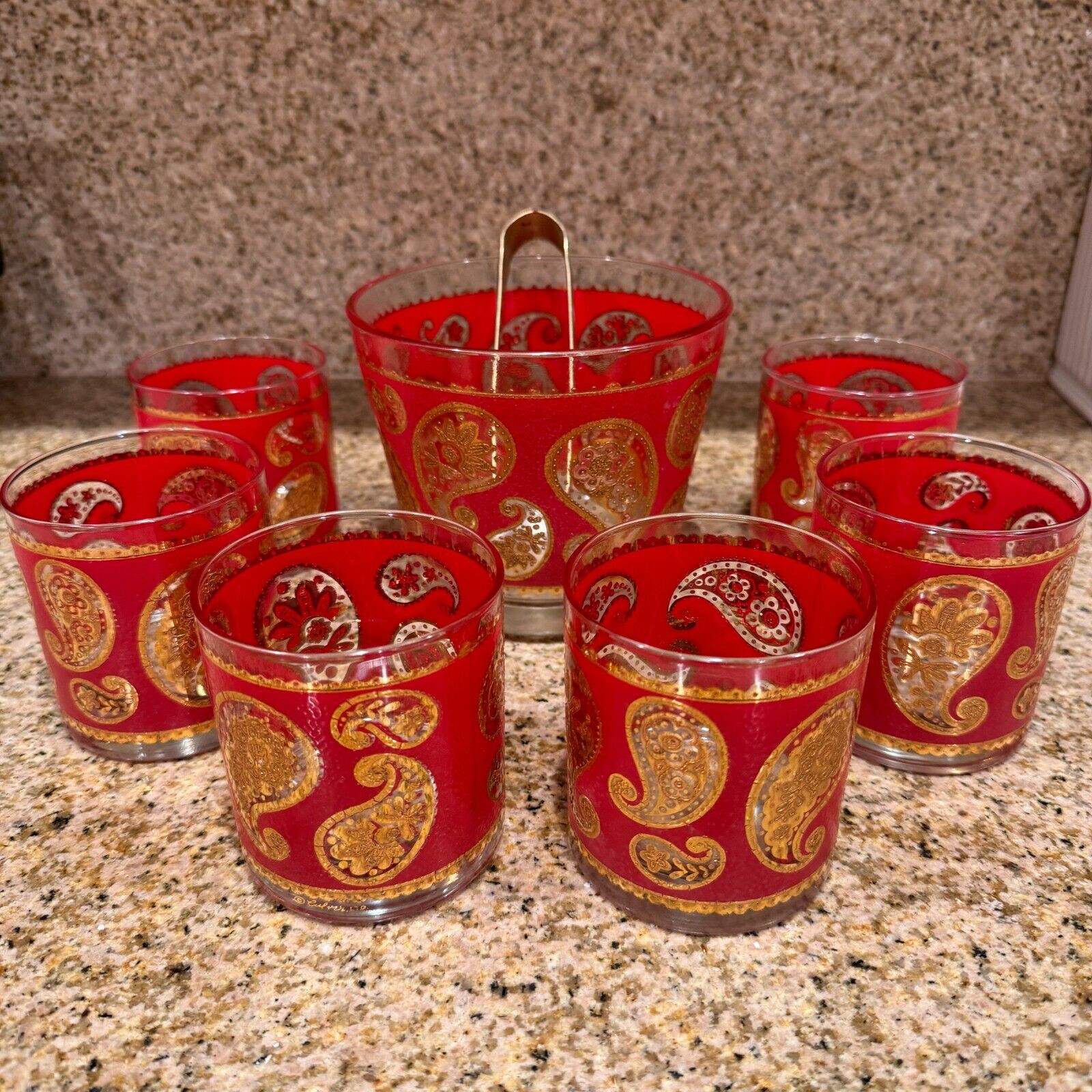 Vintage 1960s Culver Paisley Whiskey Glasses Ice Bucket Set Red 22k Gold Foil