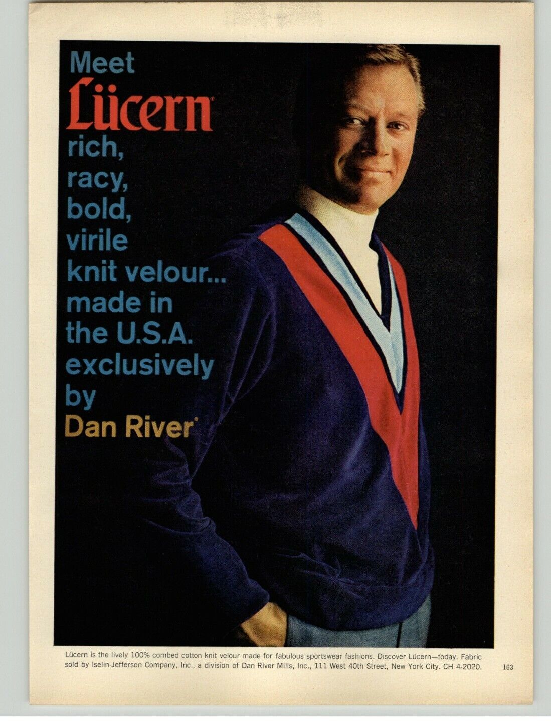 1966 Dan River Mills Lucerne Knit Velour Sweater Photo Vintage Print Ad 