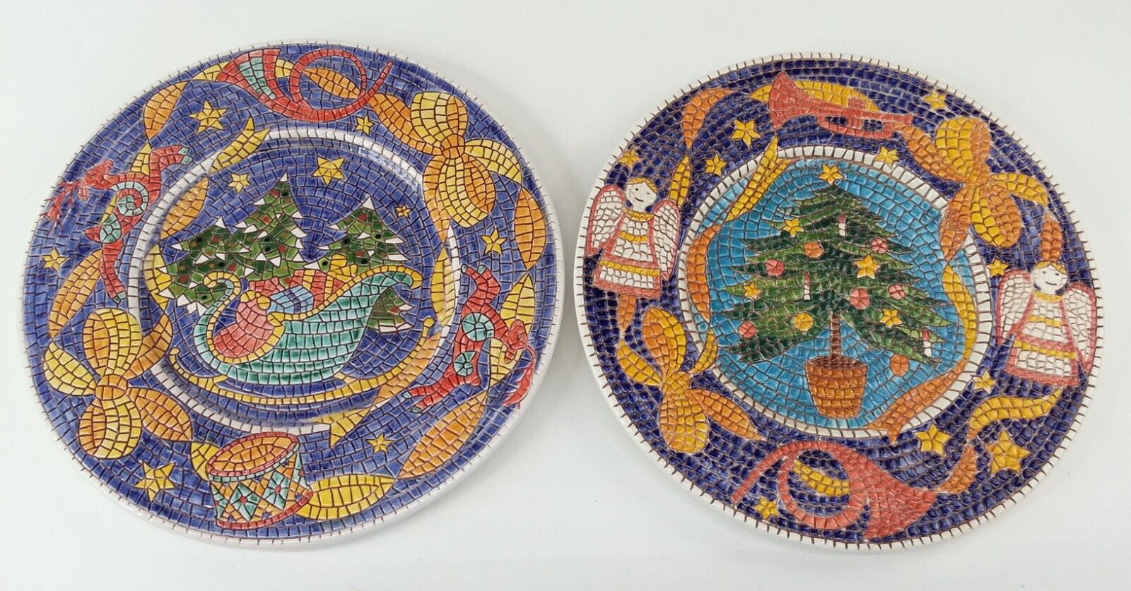 93 / 96 Vietri Mosaic Plates Italy Christmas Holiday Tree Sleigh As-Is Condition