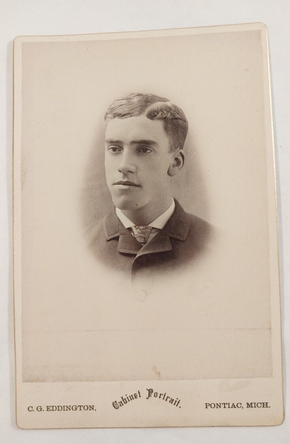 Antique Cabinet Card Photo Well Dressed  Handsome Young Man By C J Eddington MI