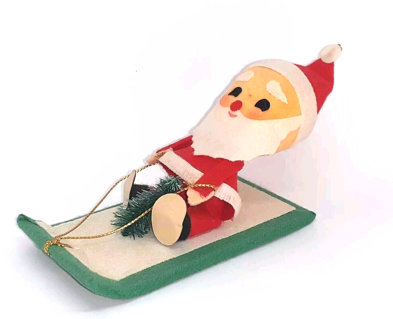 Vintage Felt Santa Sled Sledding Styrofoam Head Christmas Ornament Japan