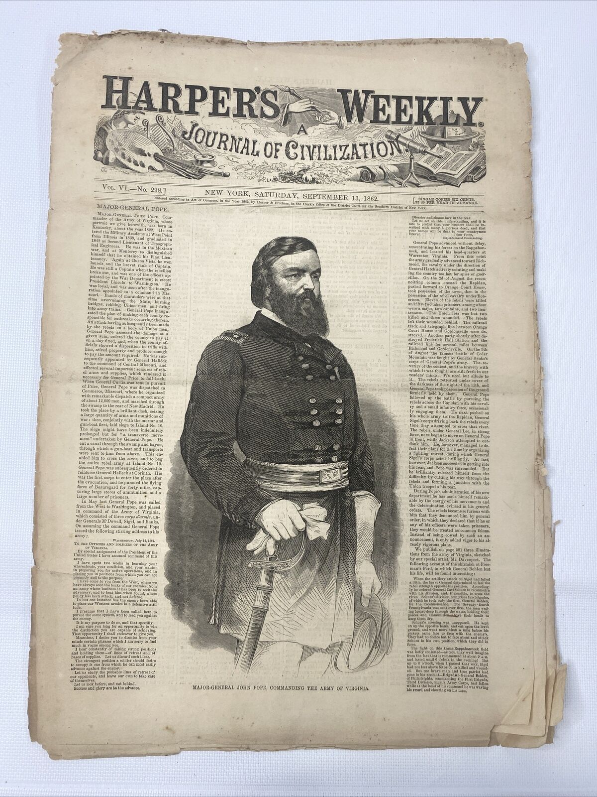 HARPERS WEEKLY September 13,1862 Major General Pope CIVIL WAR ORIGINAL Newspaper